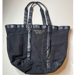 Victorias Secret Black‎ Canvas Tote Bag Gold Logo Faux Leather Trim Boho Tassels